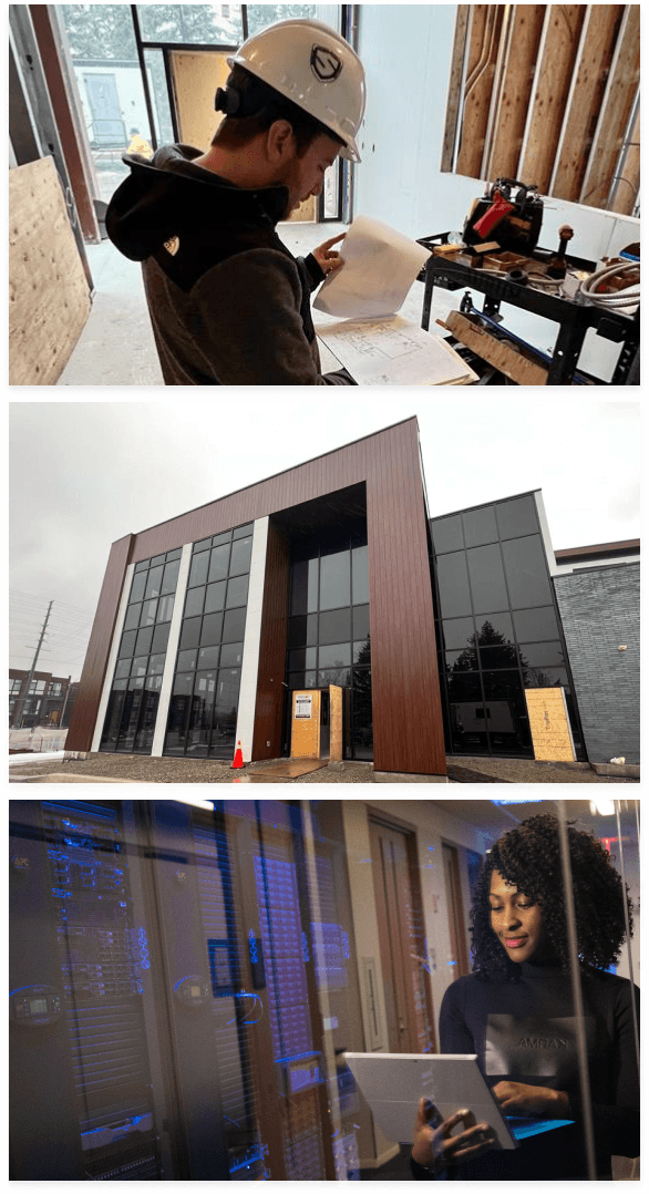 Collage of three images. The upper most image is a worker looking at schematics. The middle image is the front of a building. The third picture shows a lady on a tablet.