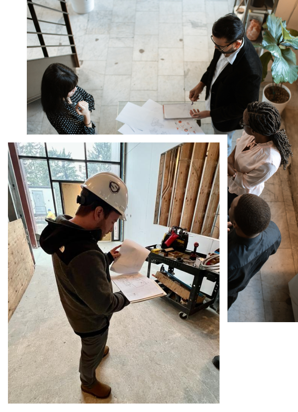 A collage with two images. The upper image shows three gentlemen discussing a project. The lower image shows a worker looking over a schematic.